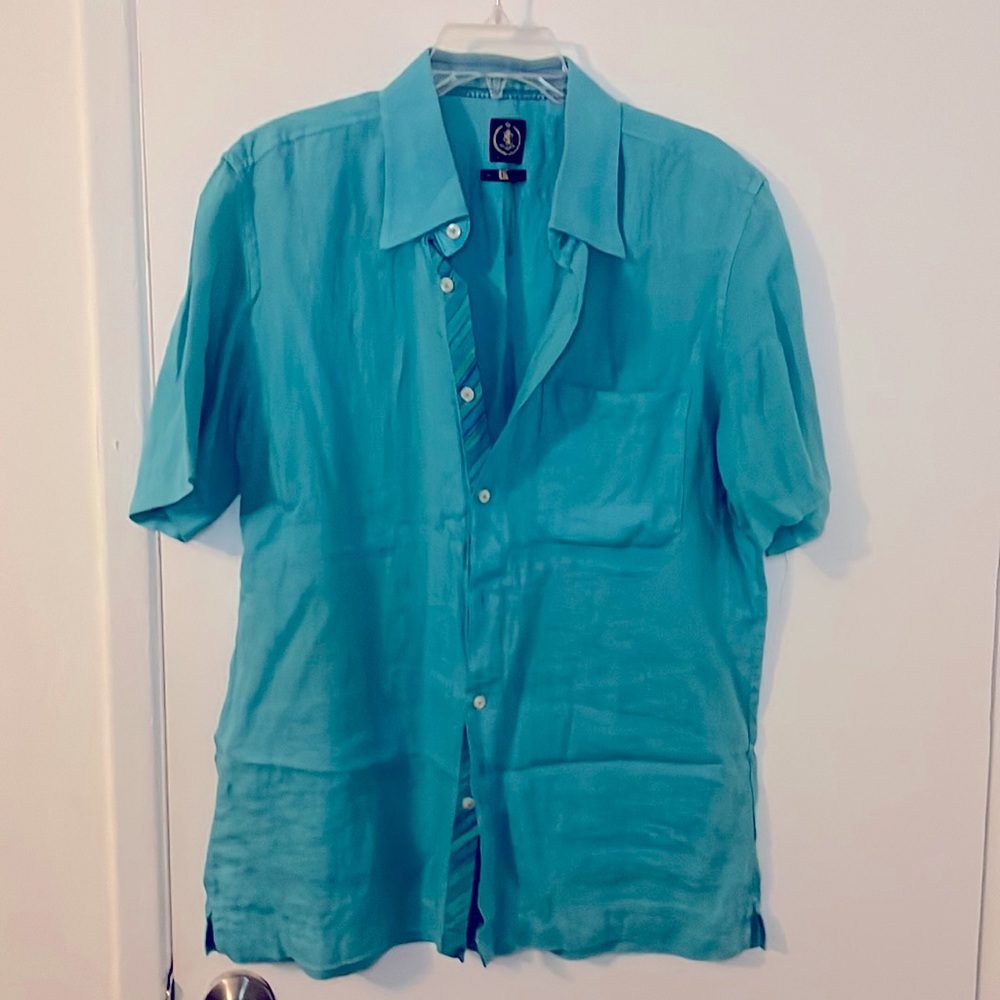 - Saltaire Aqua blue short sleeve linen button down size L